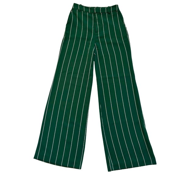 H&M Green Pinstripe Wide Leg Pants Size 2 High Waist 30 Inseam Work Trousers - Picture 1 of 5